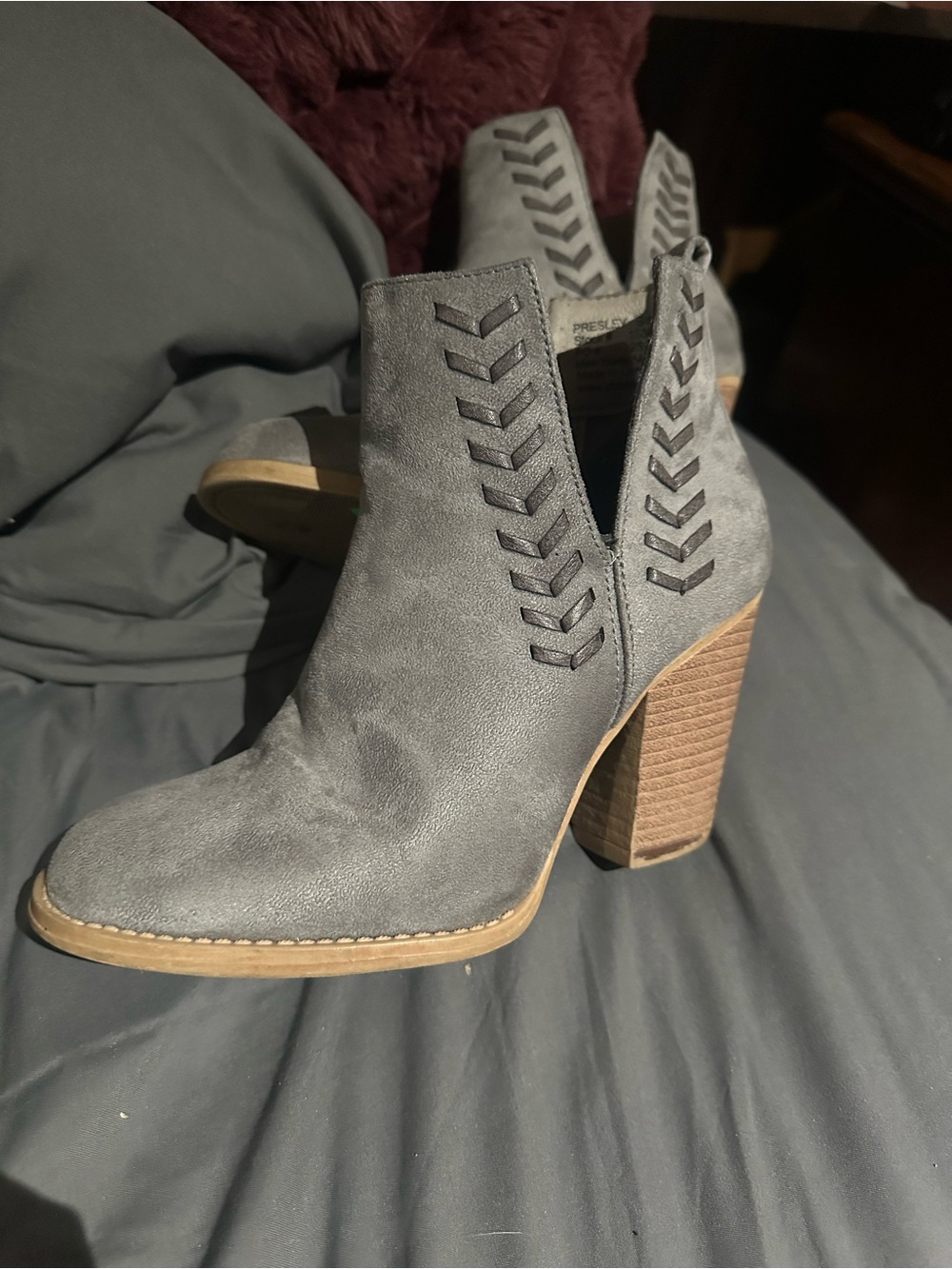 Dominique Gray Suede Chevron Cutout Block Heel Ankle Boots